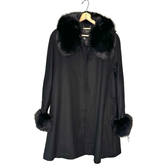 Belle Fare | Black Fox Fur Collar and Cuffs Cashmere Blend Wool Coat Size Large - Picture 1 of 10